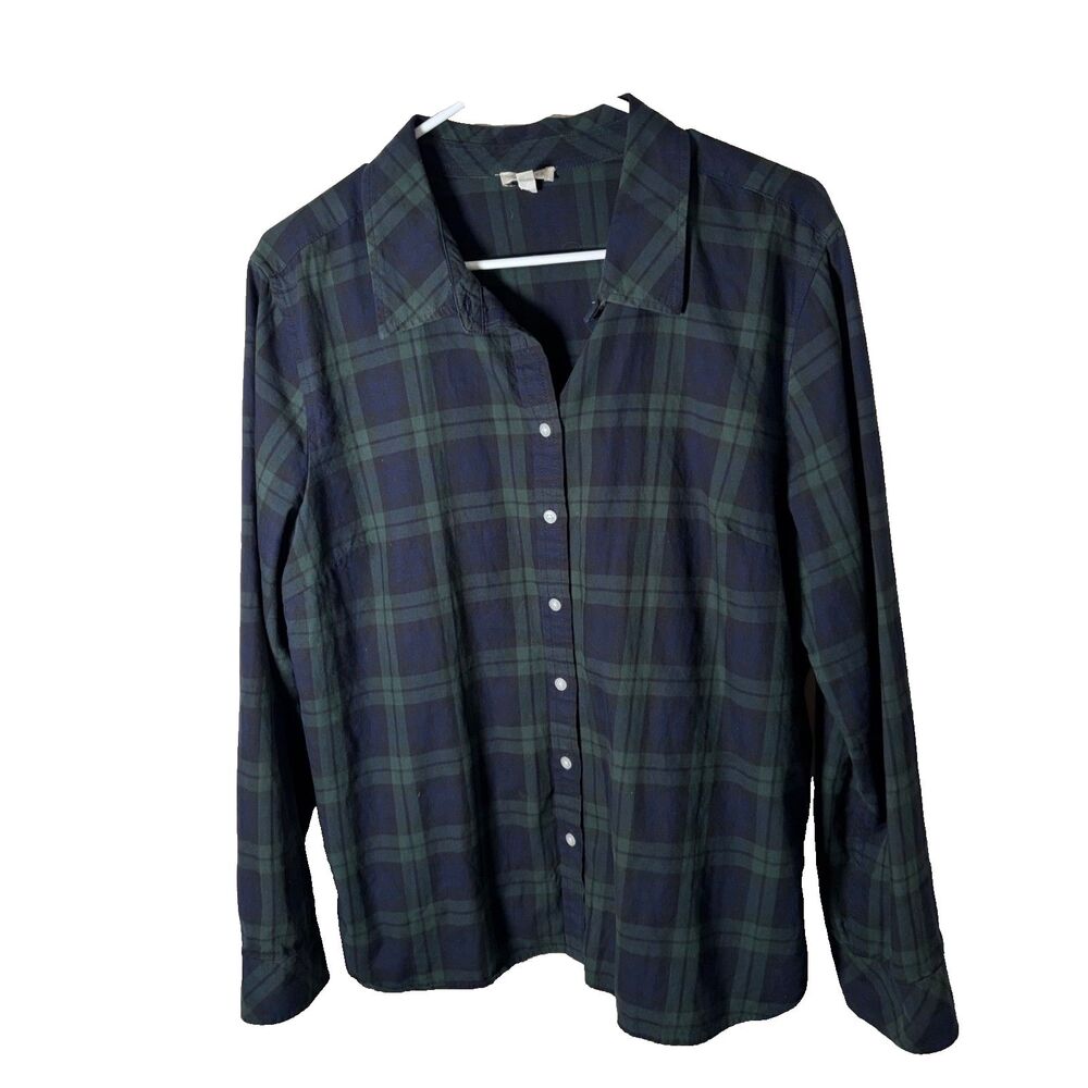 Talbots Shirt Women's XL Blue Green Plaid Button Up Long Sleeve Collared Top